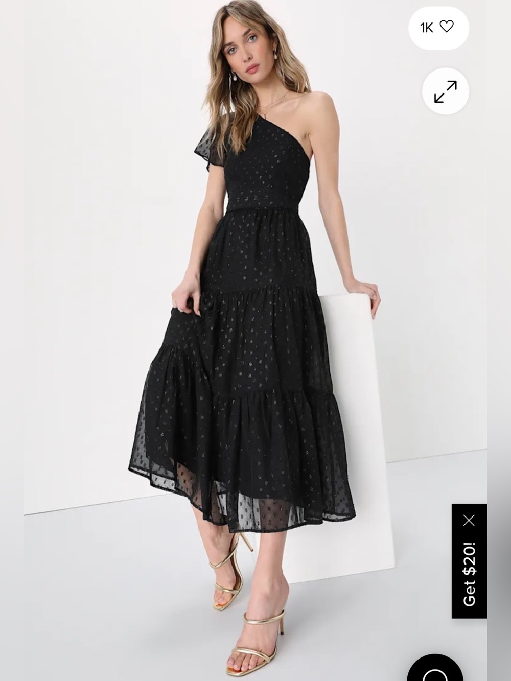 Lulus Shining Sight Black Metallic Gold Dotted One-shoulder Midi Dress - Size M